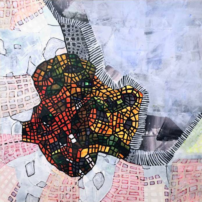 Abstract design with think black lines and large sections of white over top red, orange, yellow, and green.